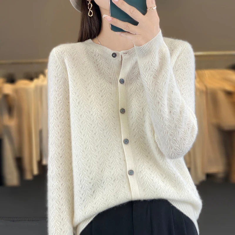 BELIARST 100% Merino Wool Sweater Women\'s Round Neck Phoenix Tail Cardigan Spring and Autumn New Thin Knit Bottom Sweater Top