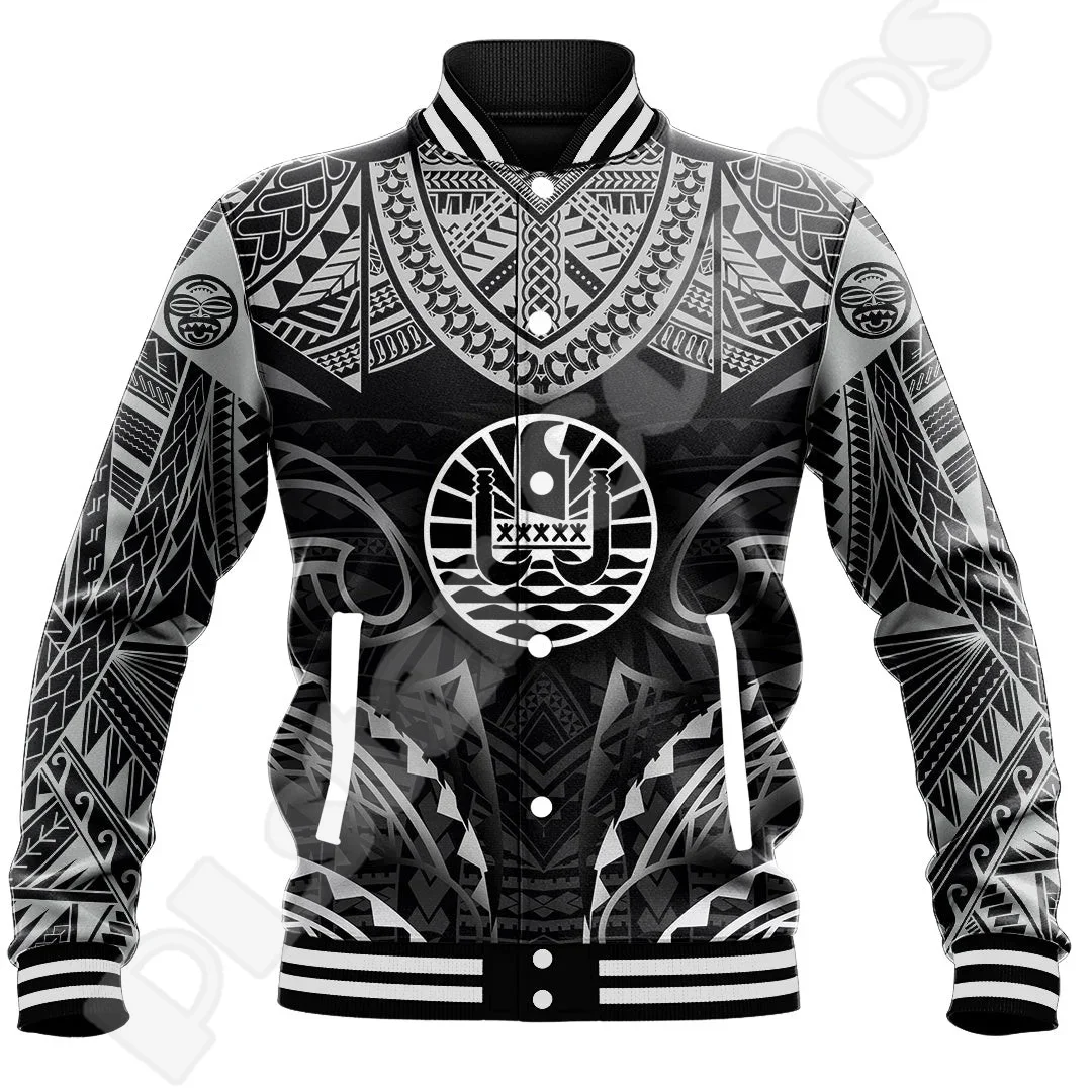 Polynesia Culture Island Country Tahiti Tonga Tribal Tattoo 3DPrint Harajuku Overcoat Streetwear Winter Button Baseball Jacket D