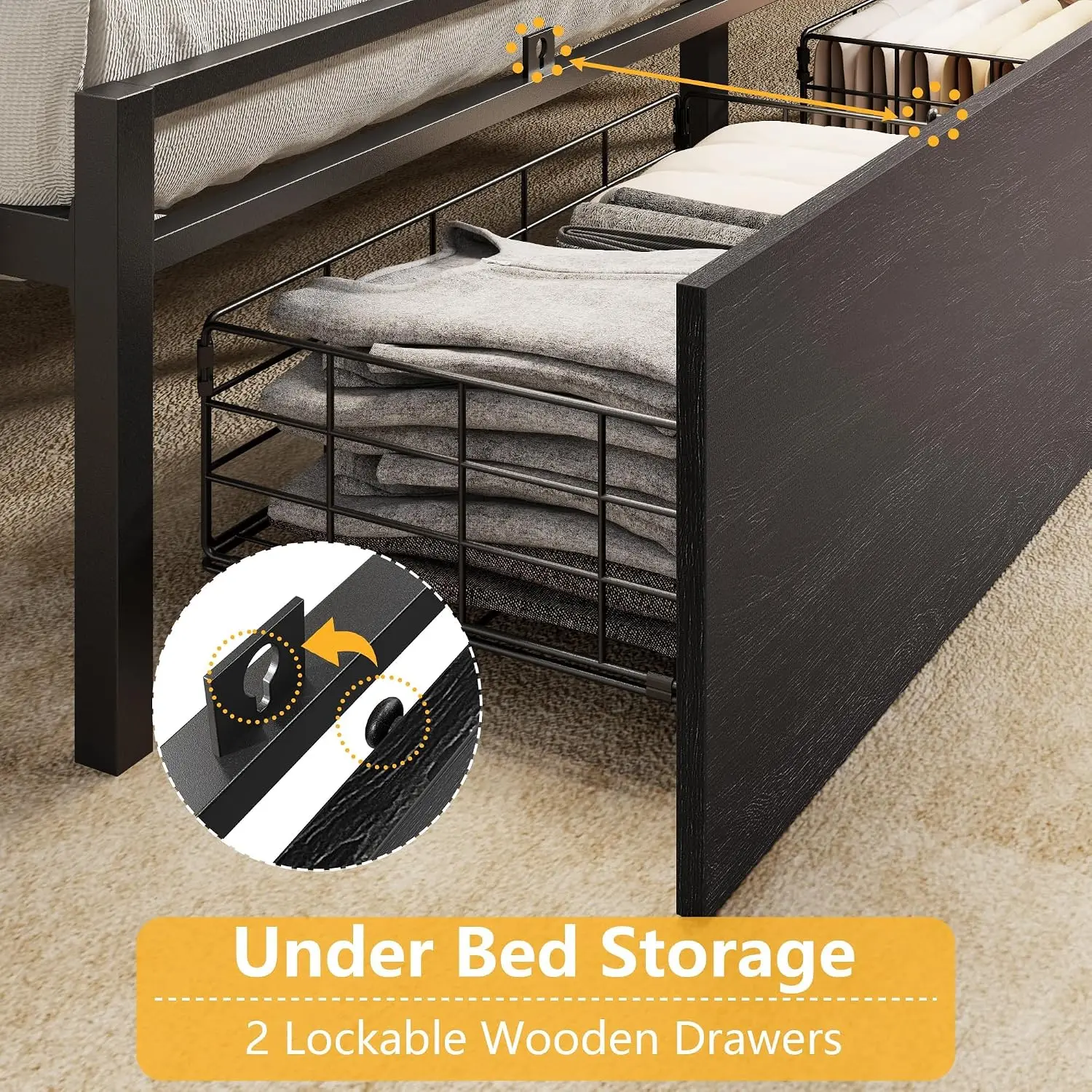 King Size Bed Frame with Storage Headboard & 2 Drawers Black, Customized image 5