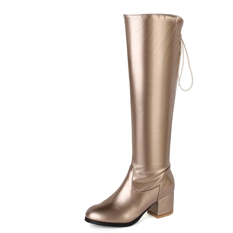 

Winter Women's Boots Gold Silver Fashion Patent Leather Knee High Boots Luxury Square Heels Long Boots Shoes Lady Large Size 45