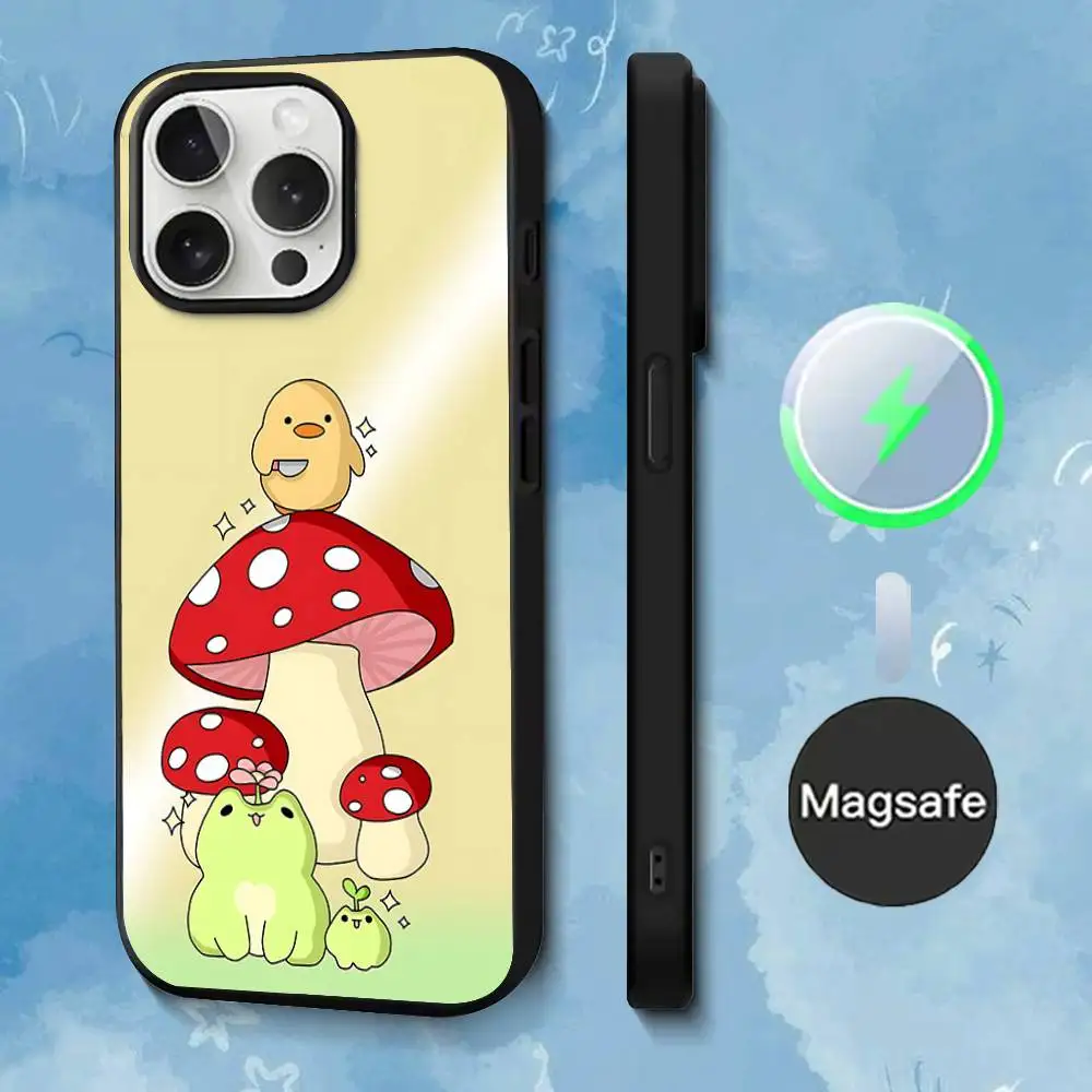 حافظة هاتف Green The Frog Mushroom لهاتف iPhone 17,16,15,14,13,12,11,Pro,Max,Plus,Mini,SE4,E شحن لاسلكي مغناطيسي Magsafe