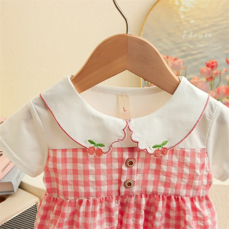 Summer New Small Fresh Plaid Baby Girl Dress, Sweet And Cute Cherry Collar Children\'S Short Sleeved Clothes (6-24 Months)