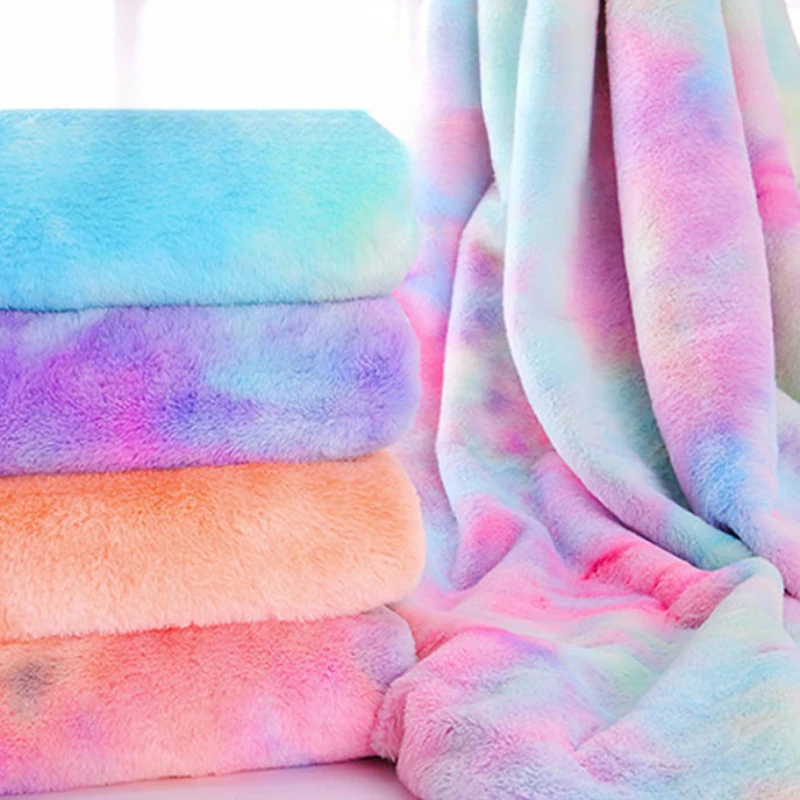 New Thickened Imitation Otter Rabbit Hair Fabric Tie Dyed Plush Fabric Gradient Rainbow Rabbit Hair Fur Coat DIY Bedding Fabric