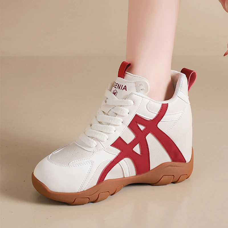 

Four Seasons Women's Sneakers Fashion Height-Increasing Hidden Heel Shoes Luxury Leather Lace-Up High-Top Casual Sports Shoes