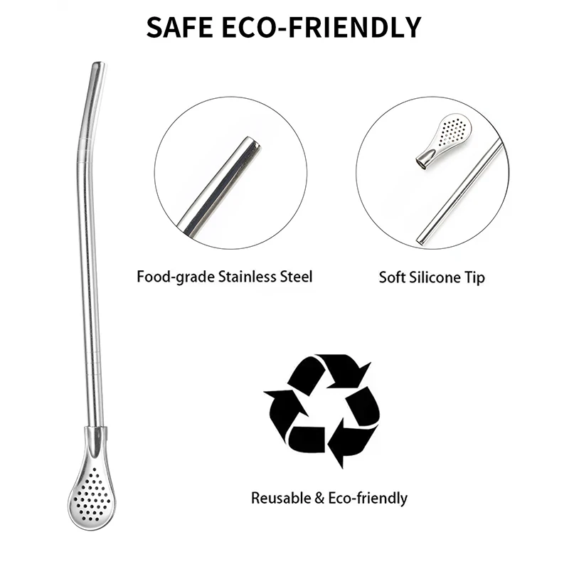 304 Stainless Steel Straw Spoon Set For Beverage Stirring And Filtering 18cm