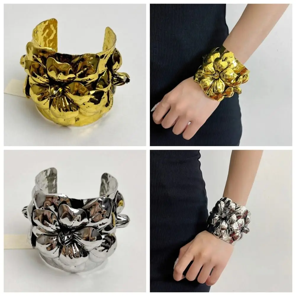 واسعة مفتوحة مبالغ فيها زهرة الإسورة سوار غير النظامية المعادن زهرة سوار هندسي الرجعية المرأة المعصم مجوهرات مأدبة #5