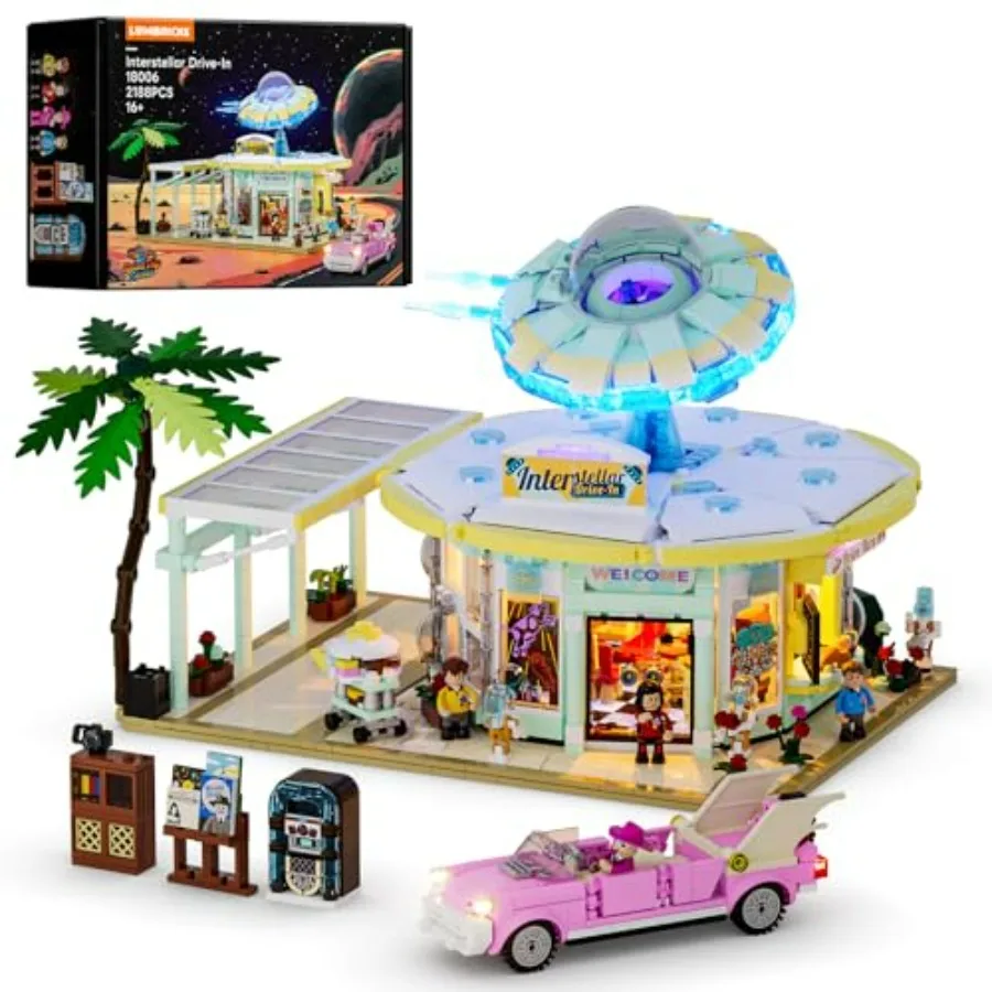 

Interstellar-Diner Lighting-Building-Bricks City Set 2188 Pcs Road UFO Drive-in Restaurant Modular Collection LED Light Space C