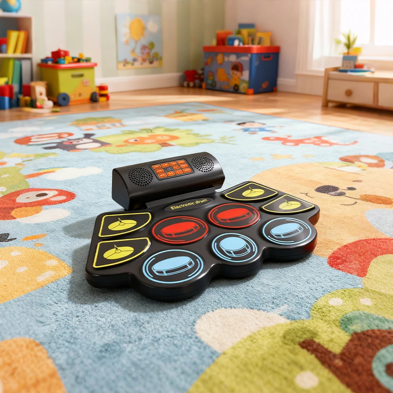 مجموعة طبول إلكترونية محمولة ملونة قابلة للطي ملفوفة يدويًا براميل MIDI بلوتوث مع دواسات أفخاذ للمبتدئين في الممارسة #1