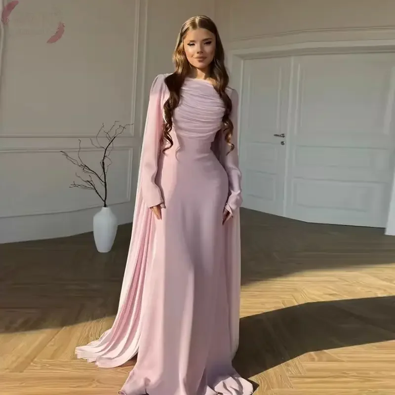 

Customized Long Sleeves Prom Dresses O-Neck Pleated Chiffon Floor Length Party Dresses Evening Dresses