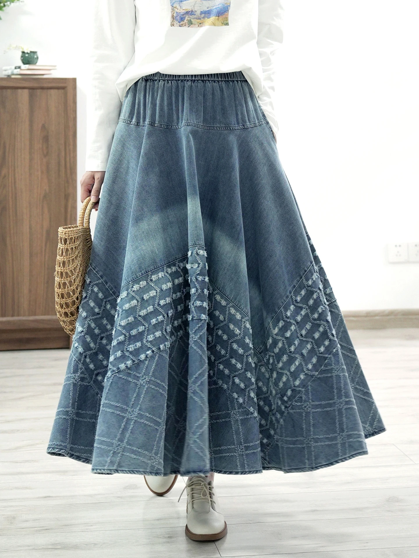 TIYIHAILEY Long Maxi Women Elastic Waist Winter Autumn Denim Skirt Lady Printed A-Line Patchwork Thick Jeans worn-out technique