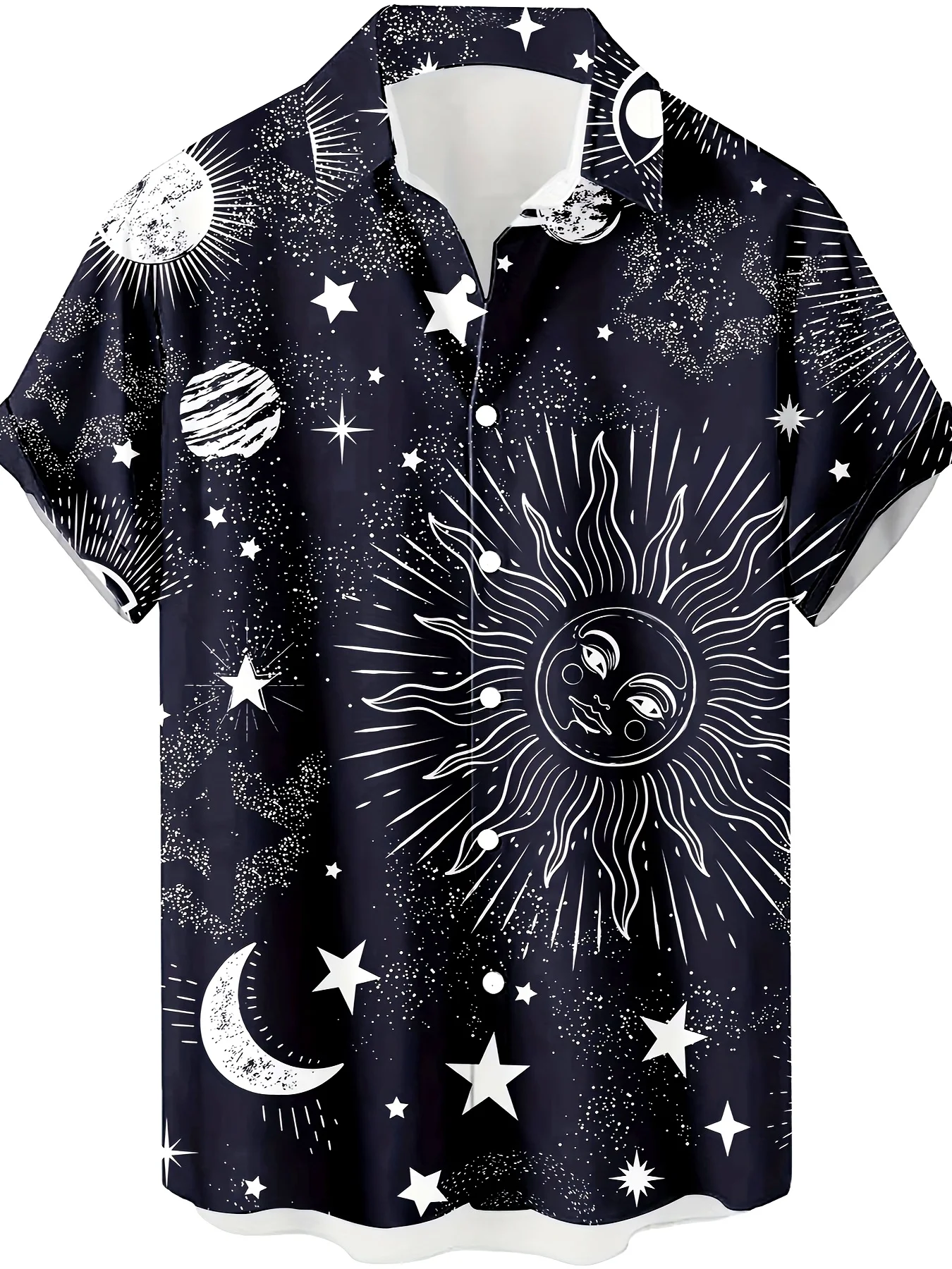 

Men Black Sun Moon Star Vintage Astrology Print Cuban Collar Beach Short Sleeve Shirt