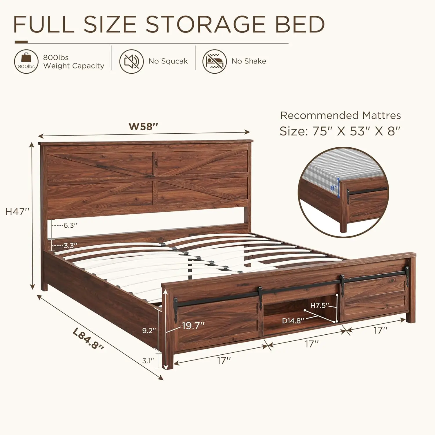 Jxqtlingmu Farmhouse Wood Bed Frame Full Size With Sliding Barn Door Storage Cabinets And Headboard, Solid Wood Slats Support,