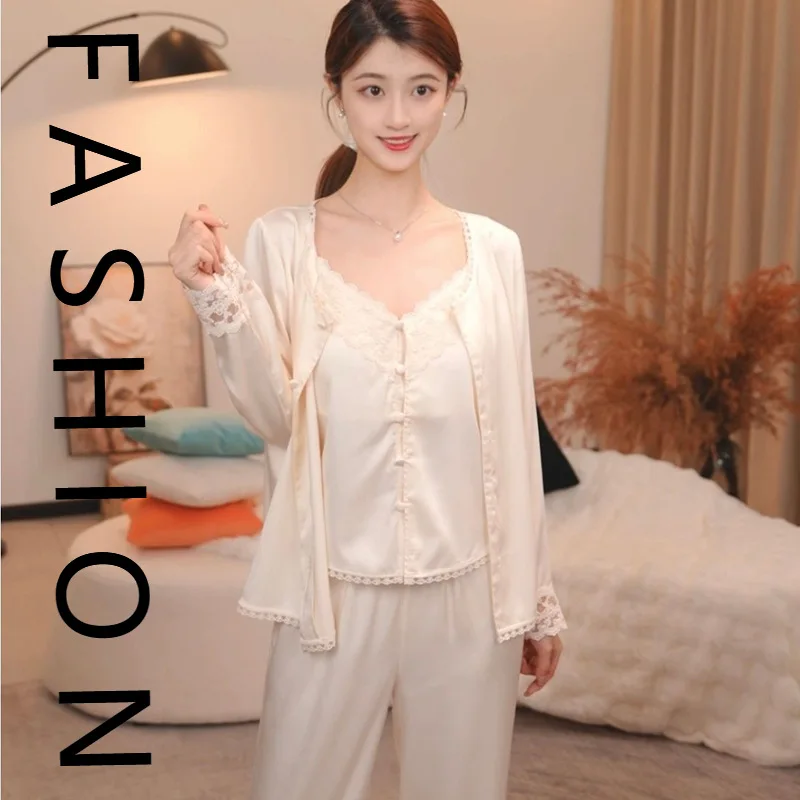 

Пижамы из ледяного шелка, женские весенне-осенние топы, подтяжки, брюки, комплект из трех предметов, весенне-летняя милая кружевная домашняя одежда w