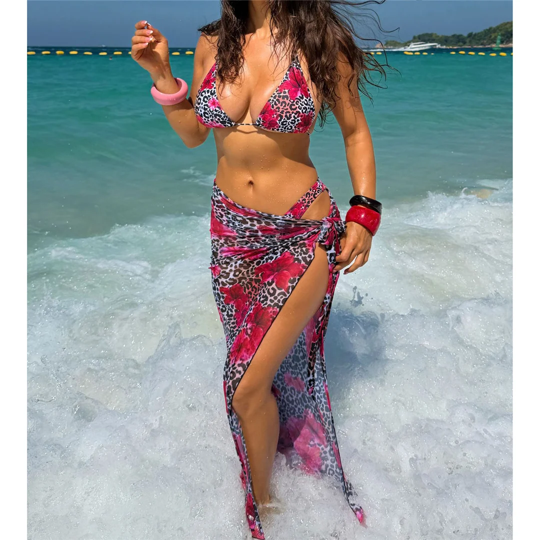 Mit Sarong Leopard Blumenmuster Bikini Damen Badeanzug Frauen Bademode Dreiteiliges Bikini-Set Badebekleidung Badeanzug Schwimmen V8194 – Detail 2