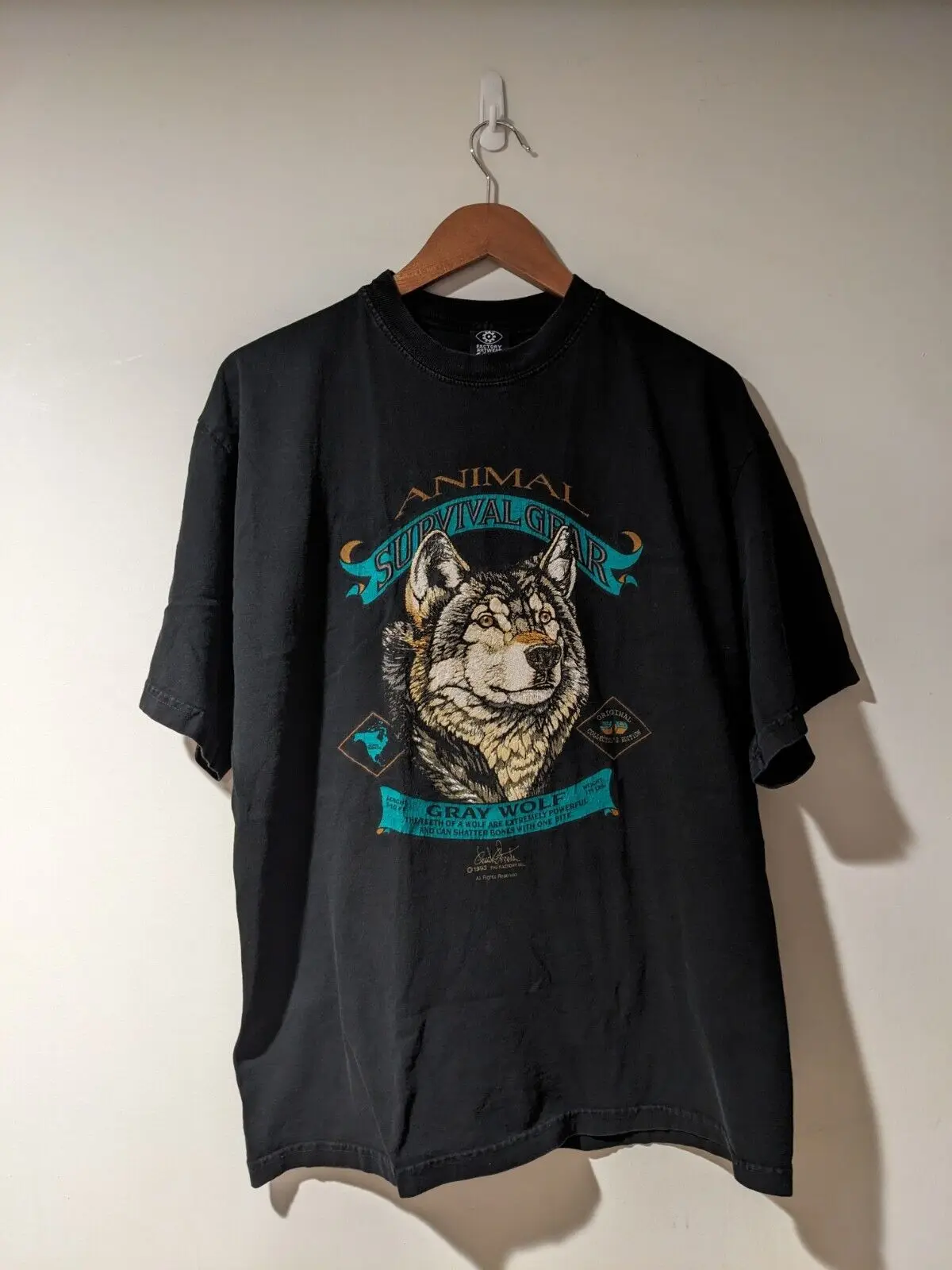 Vintage 1993 Gray Wolf Animal Nature Wildlife Black Large T-Shirt