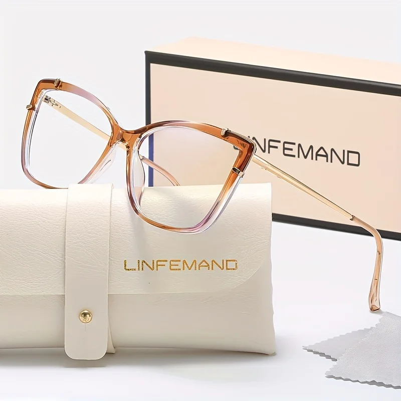 LINFEMAND Fashion Trend Cat Eye Unique Decoration Anti Blue Light Transparent Lens Glasses Women's Daily Matching Holiday Gifts