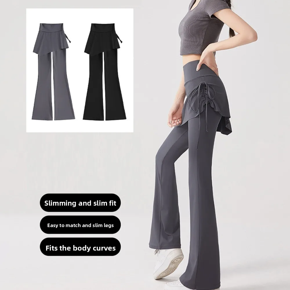 Skirt Design Fitness Leggings Flare Hem 2 in 1 Sports Leggings Drawstring Quick Drying Sports Yoga Pants Pilates