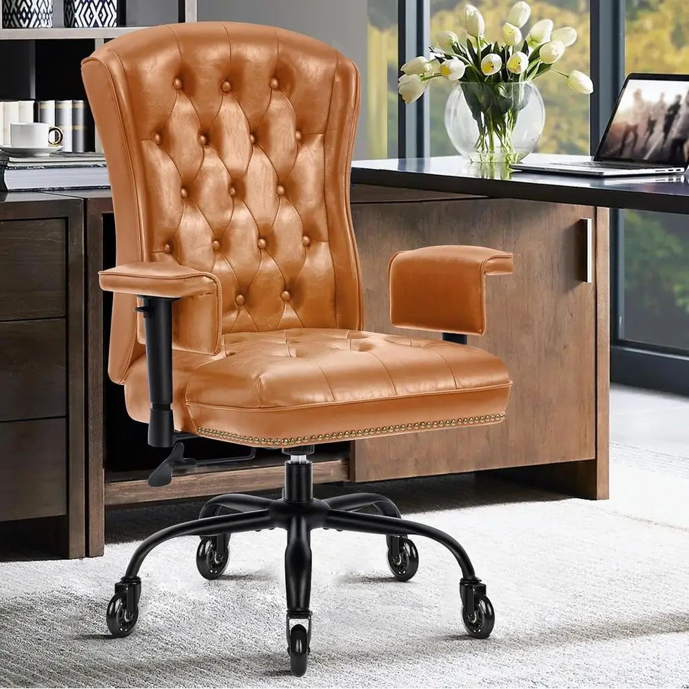 

Adjustable Height Ergonomic Office Chair, PU Leather Swivel Chair for Home Office, Camel