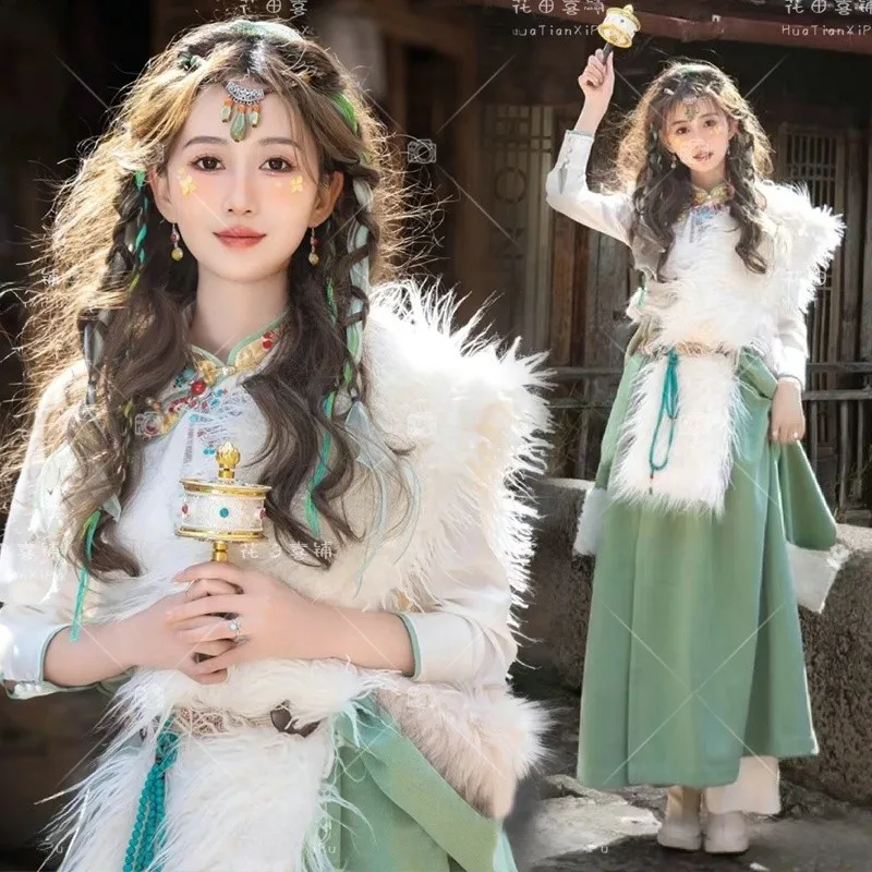 

New 2026 Green Tibetan Costume Women's Travel Photography Ethnic Fashion Long Robe Tibetan Skirt Stage Costume Traditional Dress