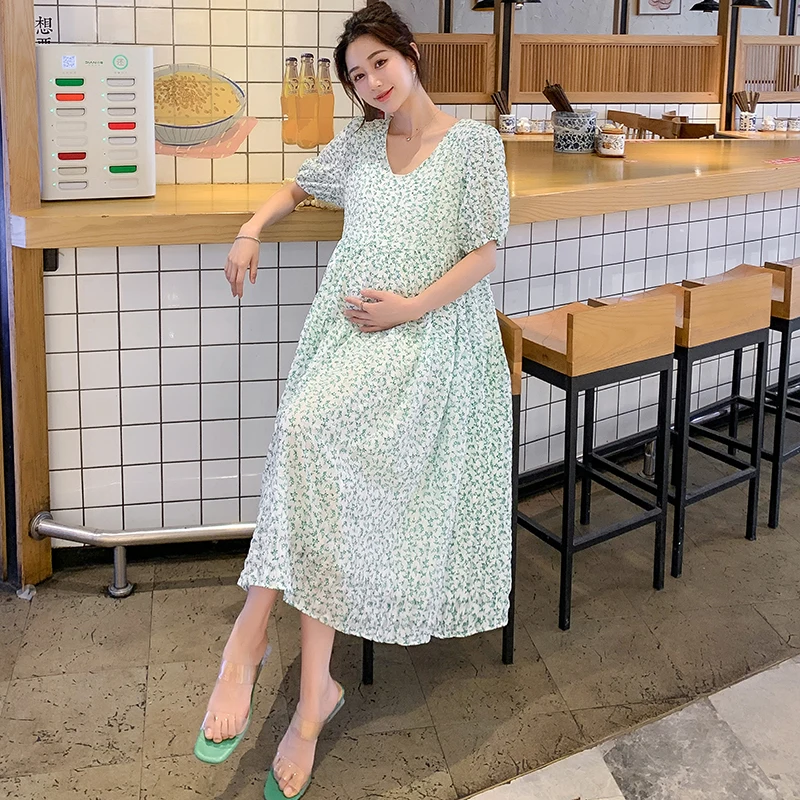 

Summer Hubble-bubble Sleeve V-neck Maternity Dress Fashion Prinitng High Waist Pregnant Woman Chiffon Dress Sweet Floral Dresses