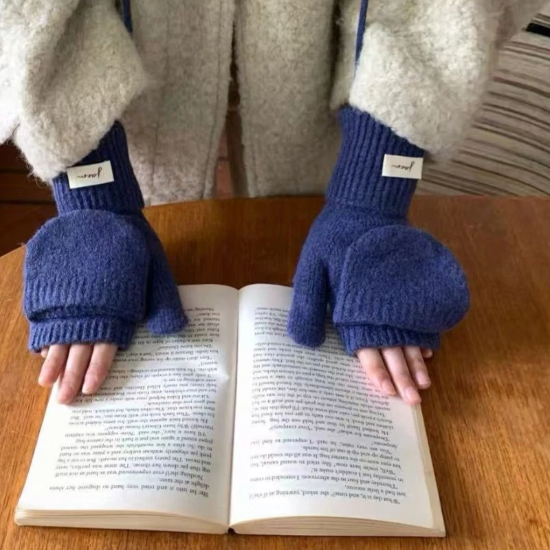 Korean Women Winter Flip Top Knitted Mittens Warm Fingerless Gloves Touch Screen Half Finger Hand Warmer with Button Cover Gift