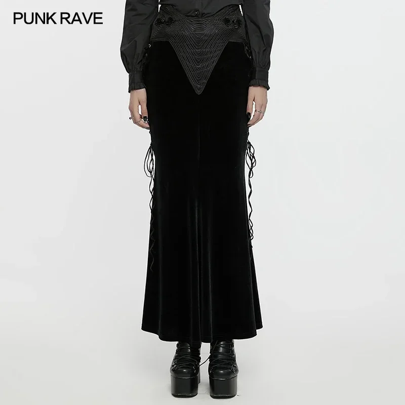 PUNK RAVE Women's Gothic Slim Fit U-shaped Inverted Fishtail Skirt 3D Rose Buckle Dark Gorgeous Long Skirts Women