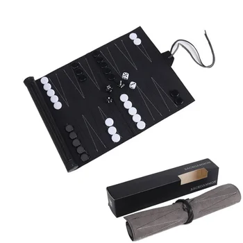 Juegos de Backgammon enrolladas, juegos de mesa de viaje portátiles para adultos y niños, tablero de ajedrez clásico enrollable de cuero PU plegable