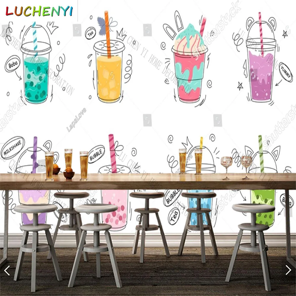 

Custom hand painting bubble tea juice wallpaper mural restaurant cold drinking shop dining room wall papers home decor sticker