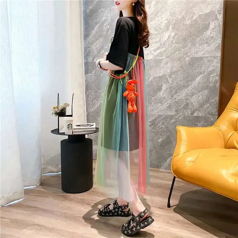 2025 여름 데일리 드레스 여성 캐주얼 레인보우 메쉬 스티치 반팔 롱 드레스 스트리트 패션 의류 홀리데이웨어