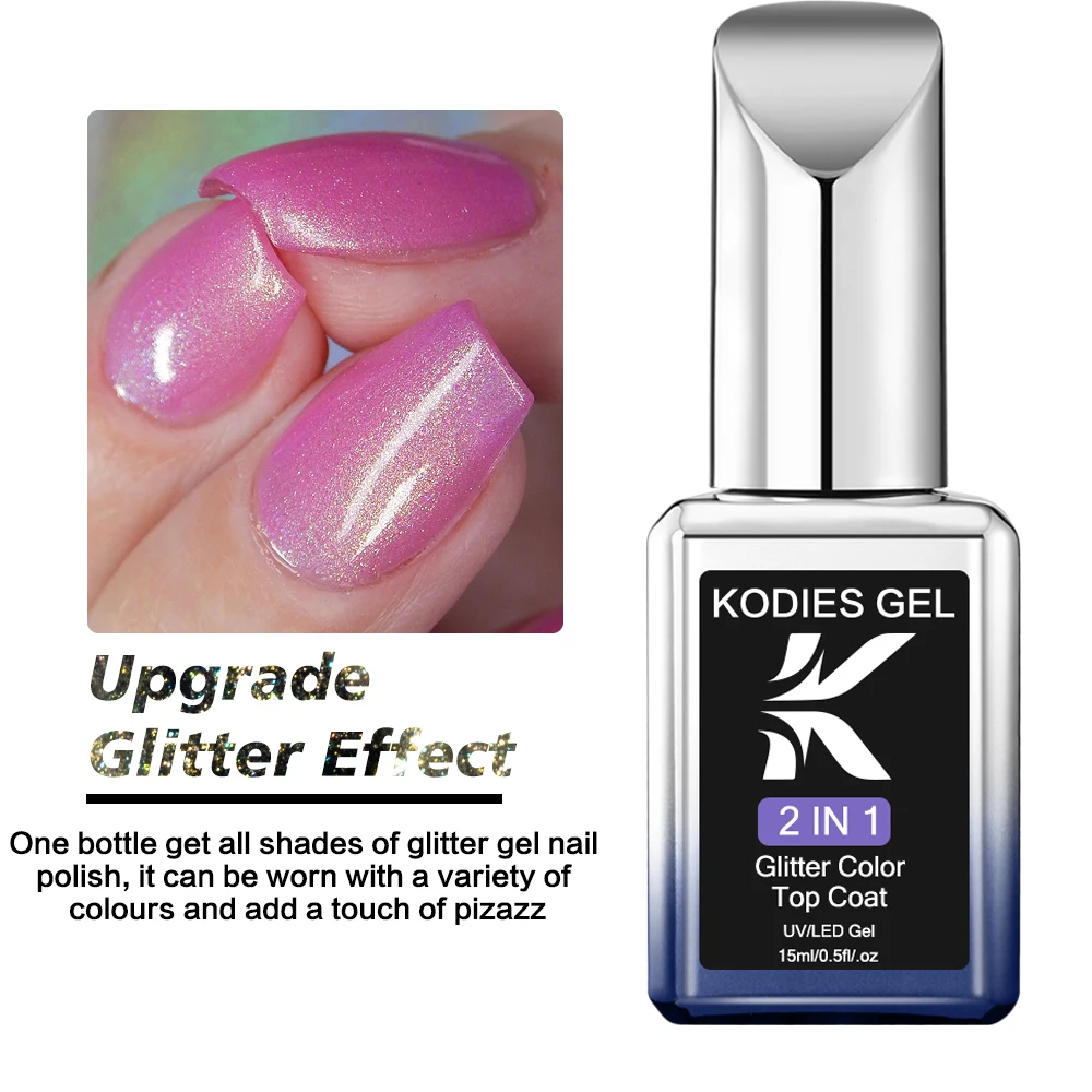 KODIES GEL Sparkle Top Coat Gel Nail Polish 2 IN 1 Shimmery Gold Gel Finish Sealer No Sticky Semi Permanent UV Manicure Nail Art