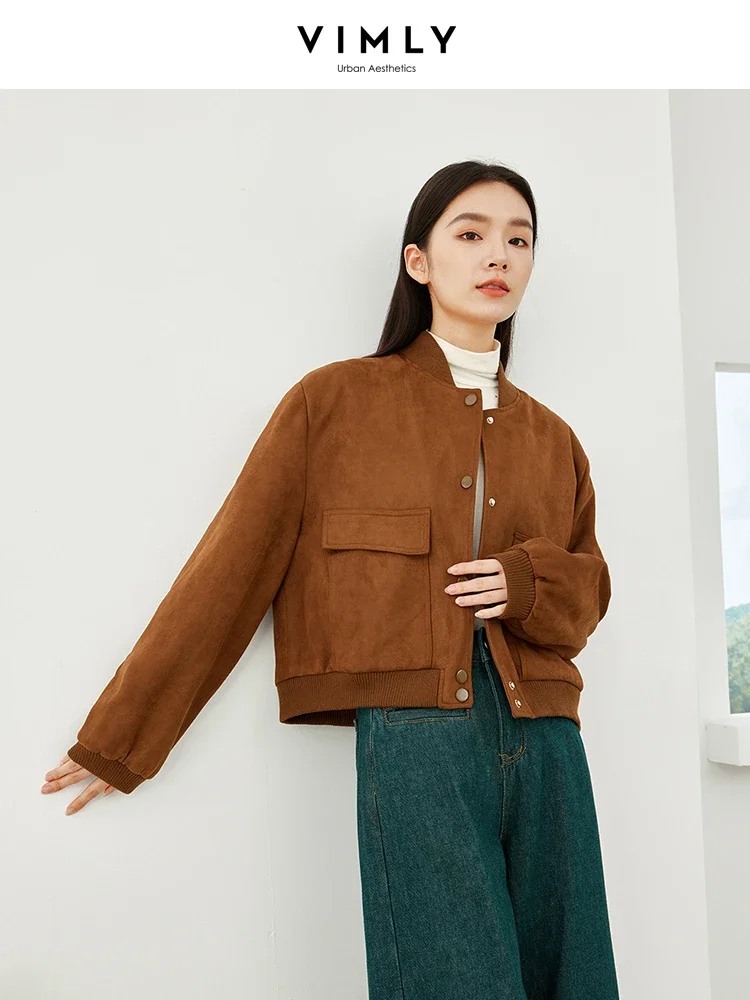 Vimly Coffee Stand Collar Cropped Baseball Jacket 2023 Winter Straight Thick Long Sleeve Quilted Coat New in Outerwears 16525