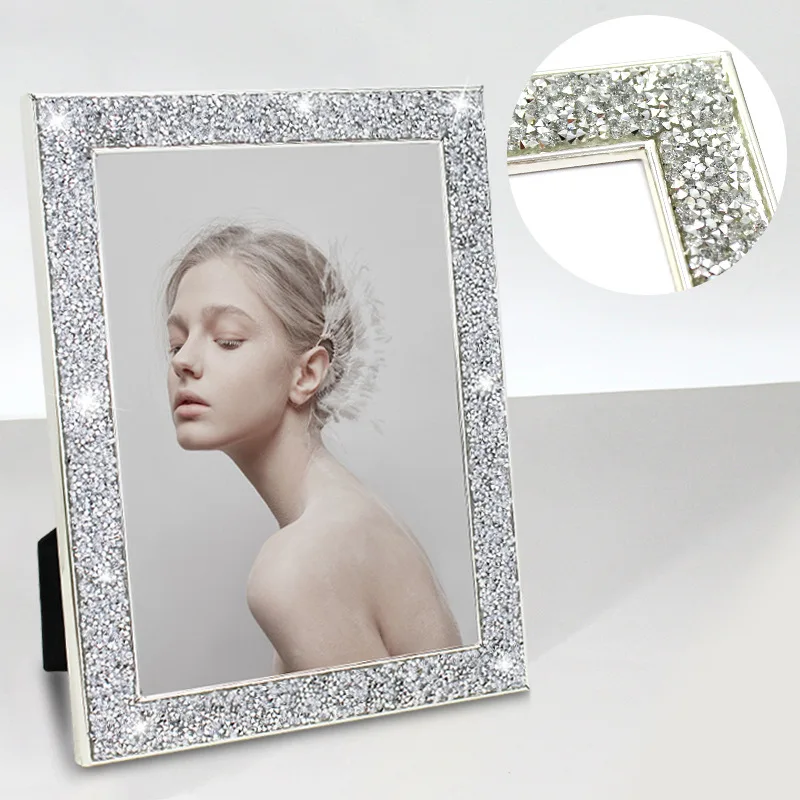 7-Inch Metallic Plated Picture Frame with Sparkling Crystals Stylish Glass Photo Frame for Wedding Children's Photos Wall
