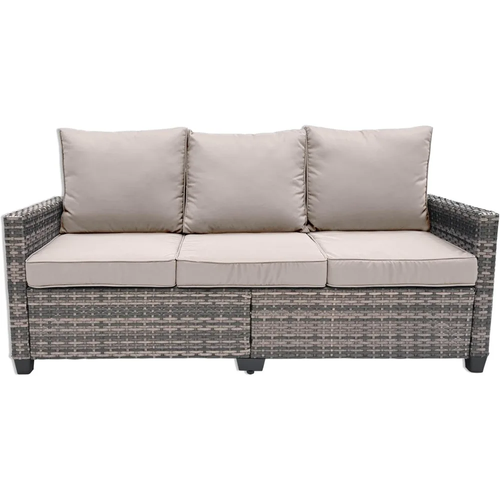 All Weather Wicker Patio Couch, 3-miejscowa sofa Patio z wysokim krzyżem oparcia, Premium Sofa zewnętrzna z brązową wikliny i grubym Cus선