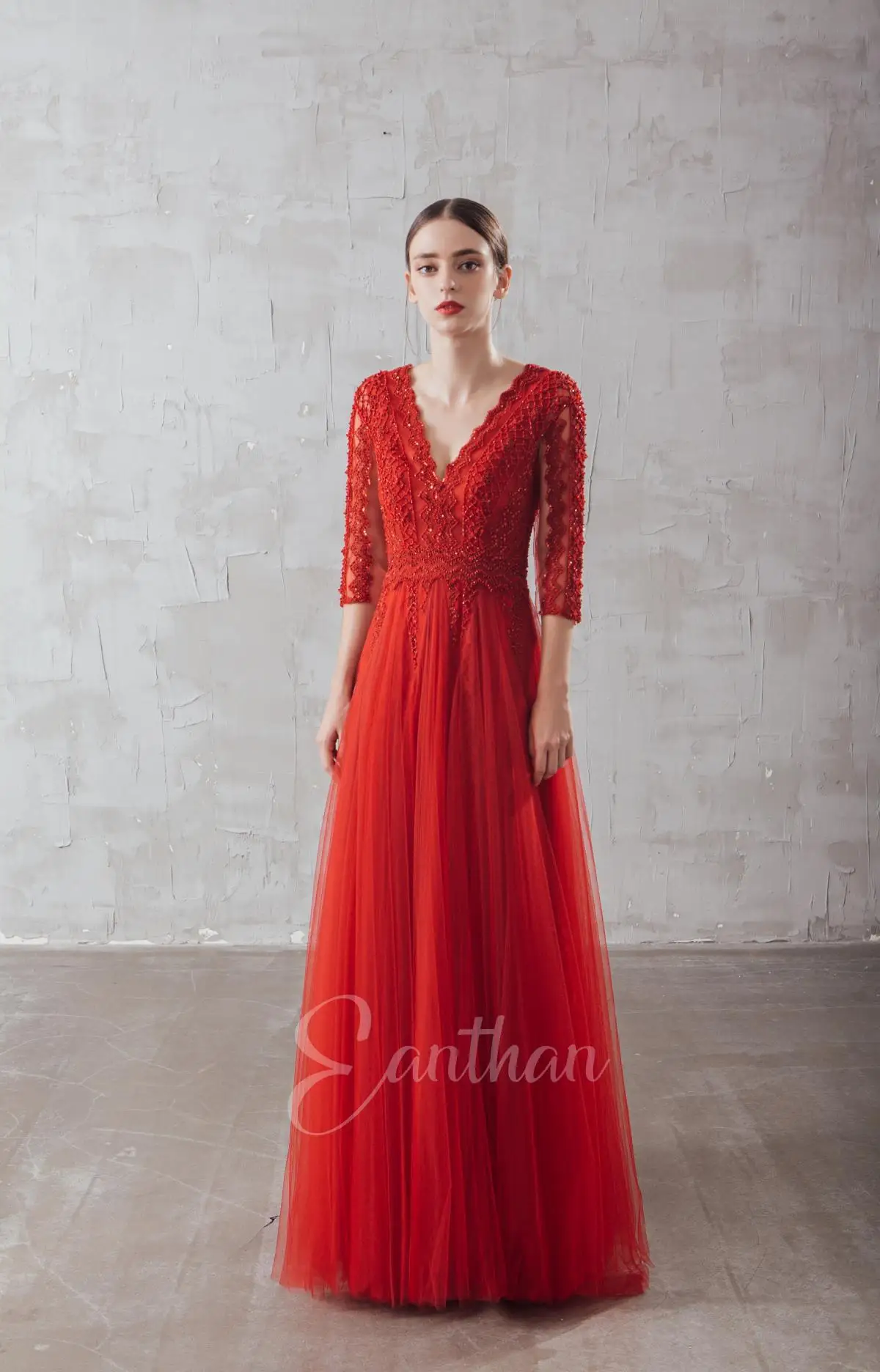 Real Pics-Robe de soirée en dentelle rouge, manches longues, col en V, dos en V, perles à la main, robe de cocktail, robe de soirée éducative, quelle que soit la longue