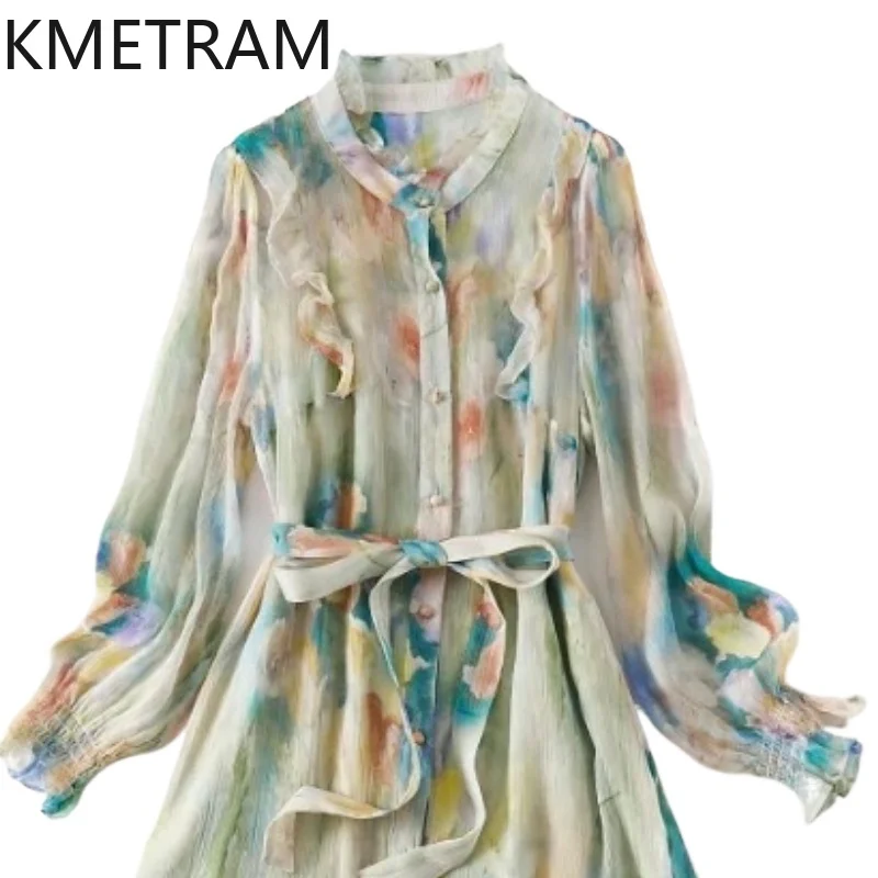 

KMETRAM 100% Real Mulberry Silk Dress Woman Elegant Printed Shirt Dress Summer Long Sleeve Dresses Women Clothing 2025 Vestidos