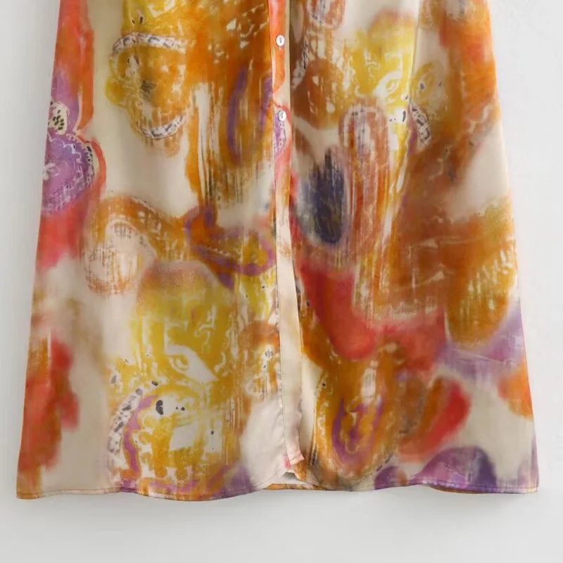 Sommer Blumen druck Satin Langarm Hemd Kleid Frauen A-Linie Knopf drehen Kragen mittellange Kleider lässig Vestidos