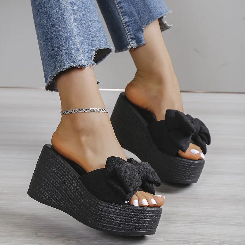 Summer Wedge Slippers Platform Flat Heel Elegant Bow Fake 2023 New Fashion Casual Open Toe Large Slippers