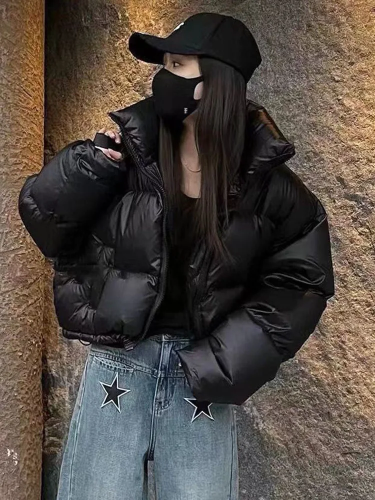 Parkas gruesas para mujer, abrigos holgados y cálidos de algodón acolchado con cuello levantado, chaquetas coreanas, ropa de moda negra para invierno