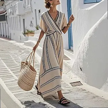Summer Striped V Neck Ruffle Dress Women Casual Vacation Dresses Flowy Swing Dresses