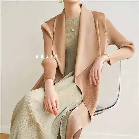 Autumn New Fashion Pleated Basic Double Layer Windbreaker Solid Color Polo Collar Women's Coat Mid Length