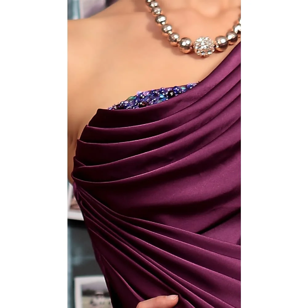 Elegant One Shoulder Grape Satin Ruched Long Formal Gown Custom Made Floor Length Evening Dresses for Women Party