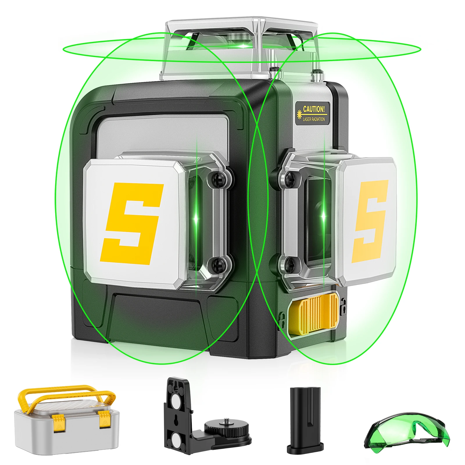 SAVSEC 903CG 3 x360 ° Cross Line Laser Level 12 linee strumento Laser verde autolivellante con batteria al litio e staffa e custodia rigida