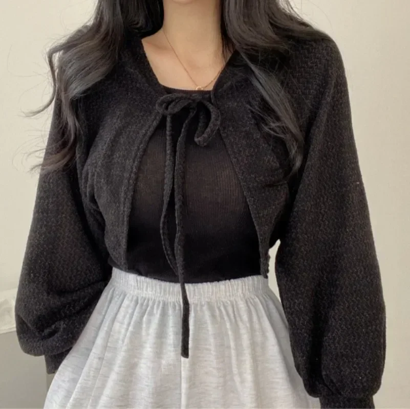 White Knitted Cardigan Women Summer Thin Sunscreen Lace-Up Knitwear Tops Female Korean Style Lantern Sleeve Short Coat