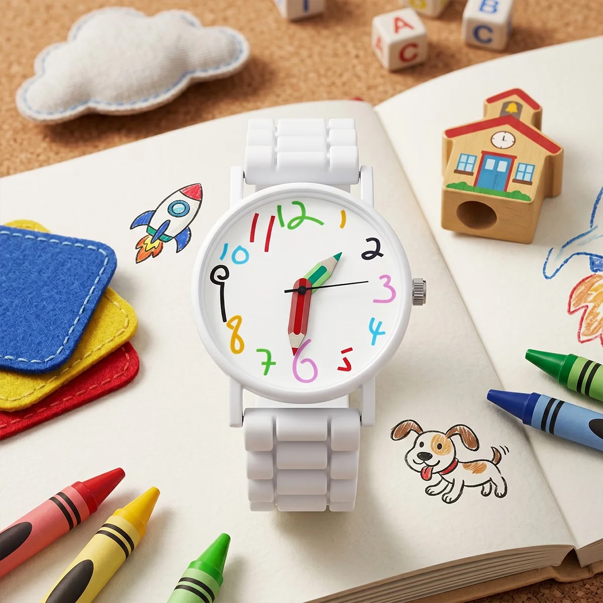 1 cartoon colored digital pencil, cute women's watch, white silicone strap, quartz wristwatch