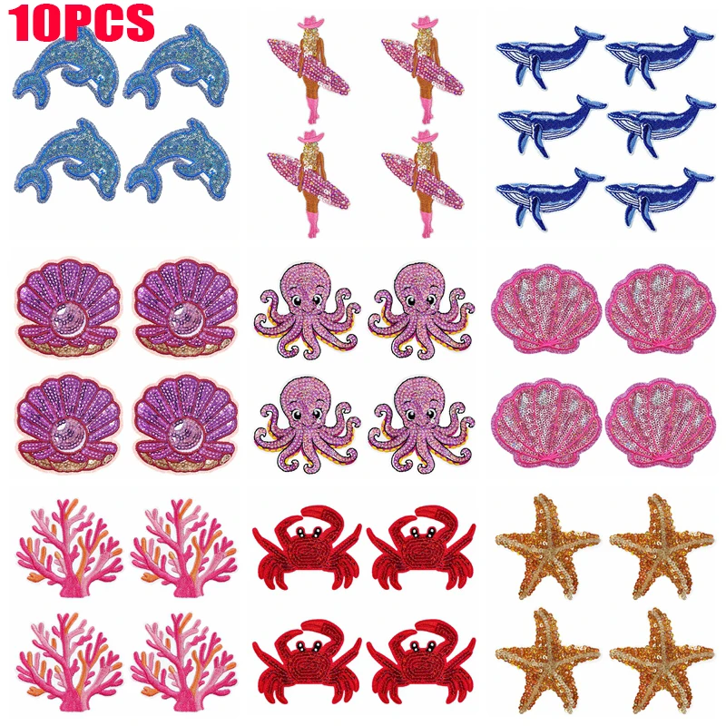10 Stück Ozean-Serie Stickerei DIY Patches mit Walen, Muscheln, Seesternen, Oktopusen, Krabben, Pailletten zum Aufbügeln auf Kleidung, Jacken, DIY