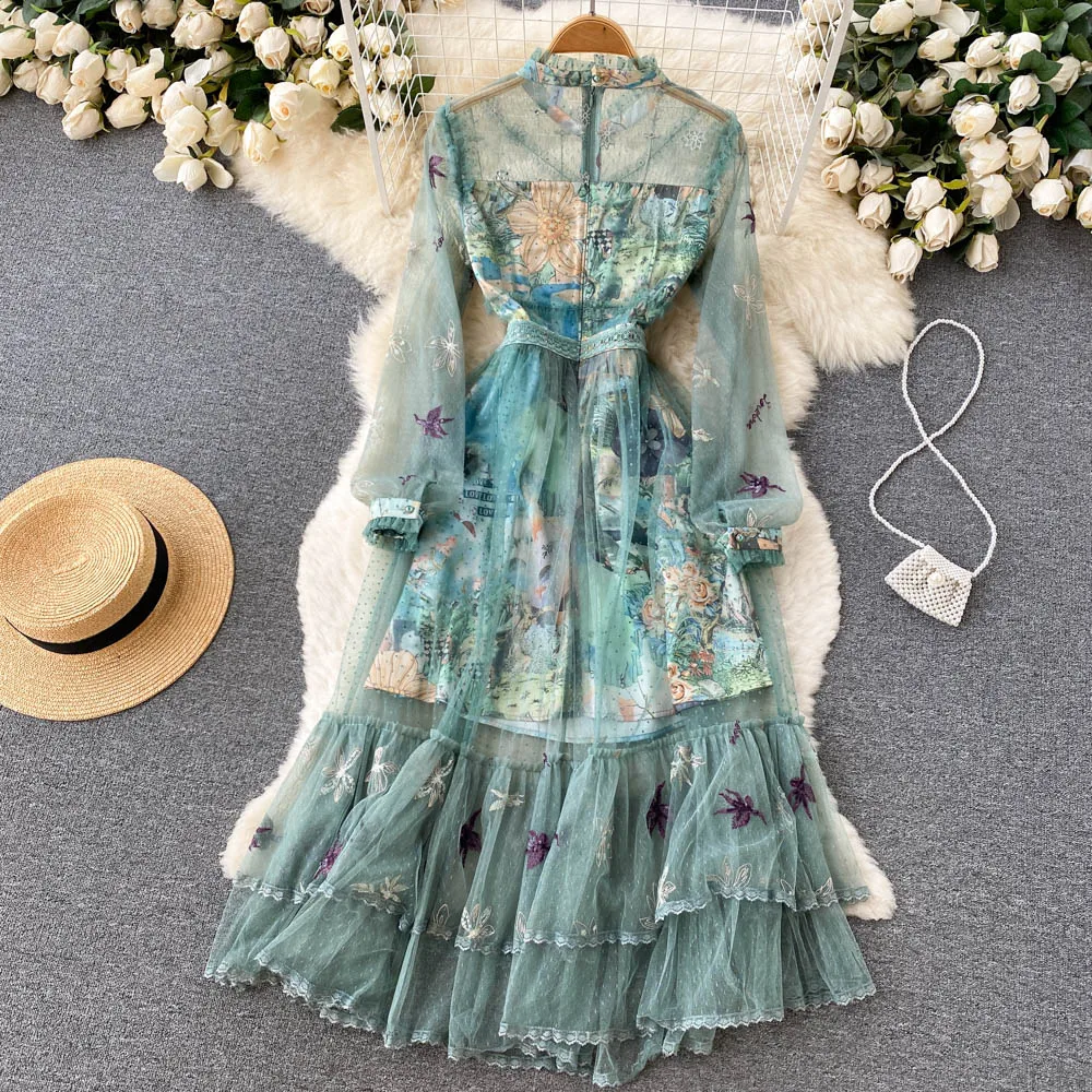 女性用メッシュドレス,エレガント,ジッパー,長袖,ラウンドネック,シック,女性用,スプライスドレス,夏,2022