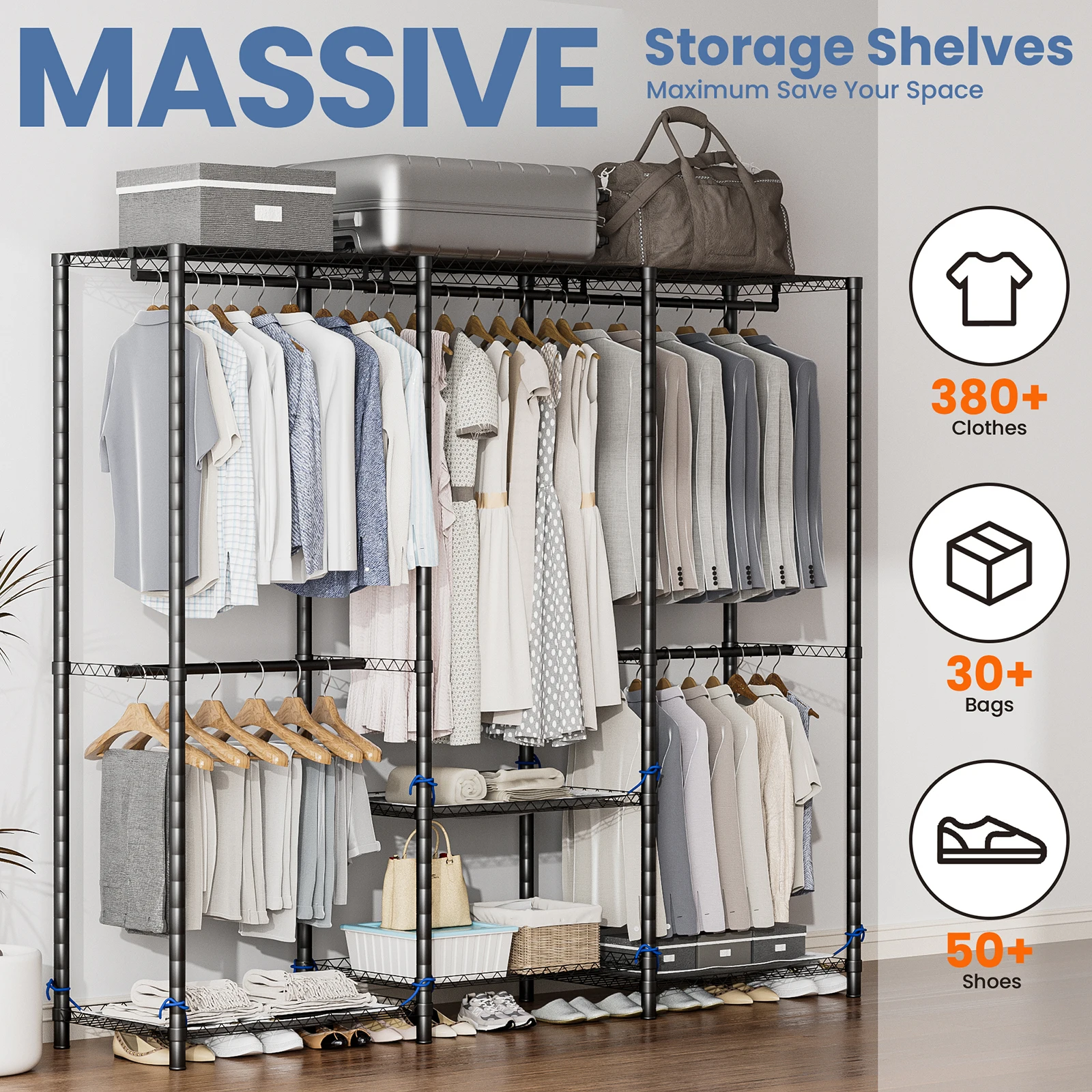 Portable Closet Wardrobe Storage Clothes Rack with Adjustable Non-Woven Fabric Cover Freestanding Organizer for Hanging Clothes