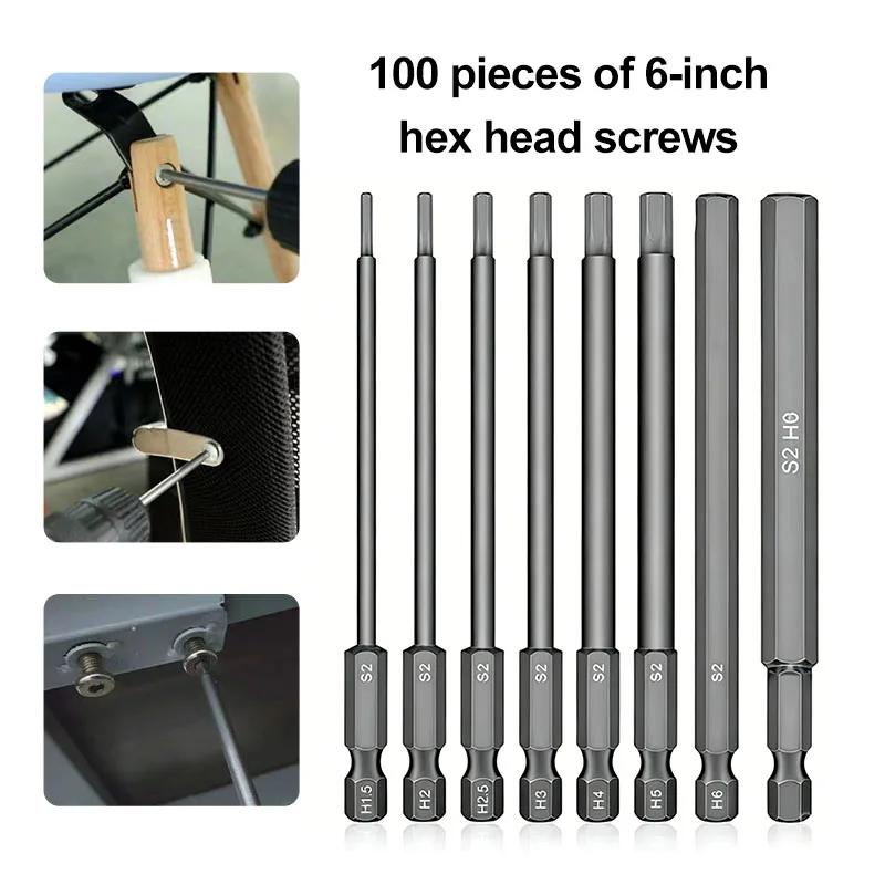 8PC Hexagonal Screwdriver Head Set 100mm Long S2 Alloy Steel Magnetic Bit Power Tool Accessory H1.5-H8