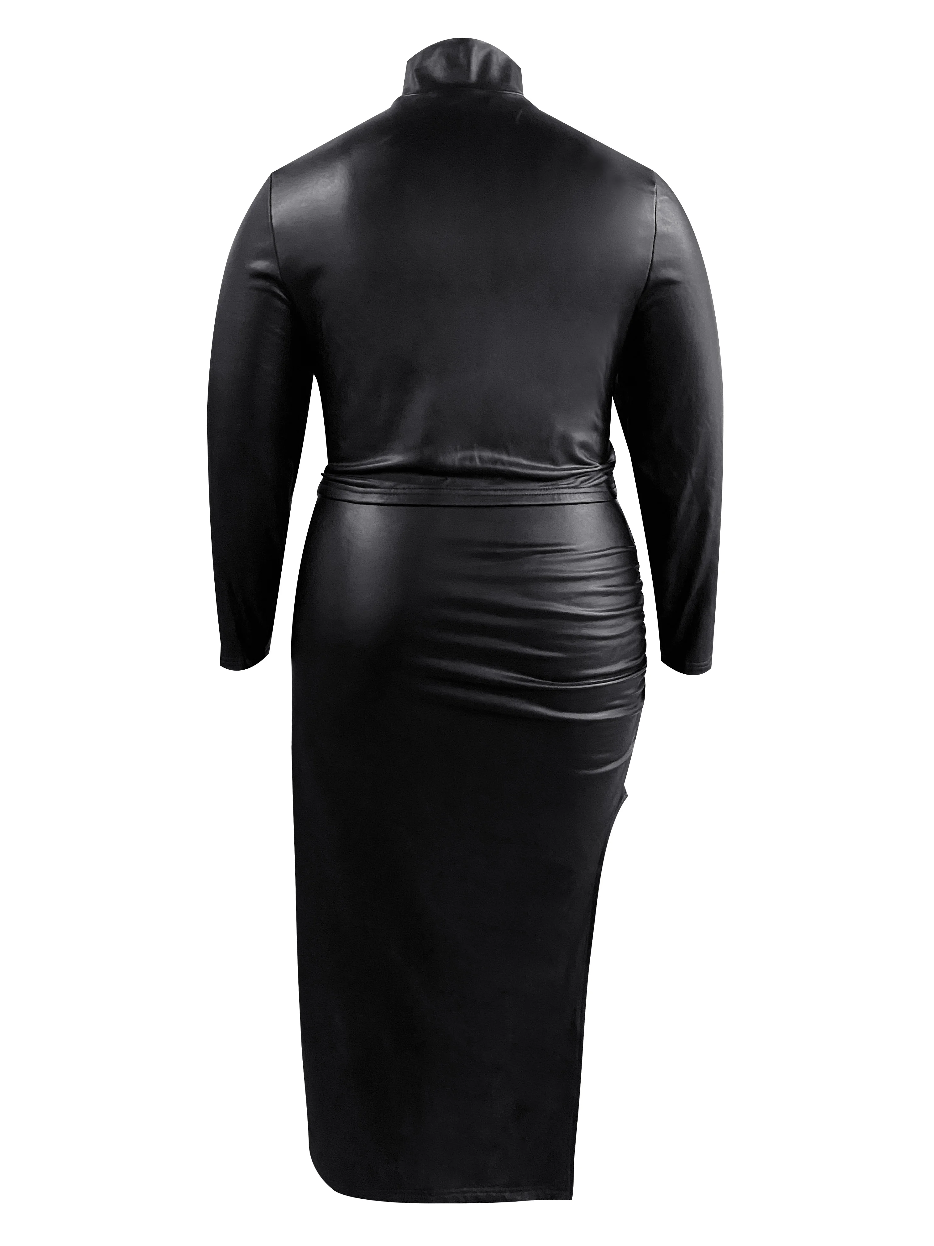 LW Plus Size Skirt Set Faux Leather Turtleneck Thigh Slit Skirt Set black long sleeve skinny Top + Asymmetric midi skirt sets