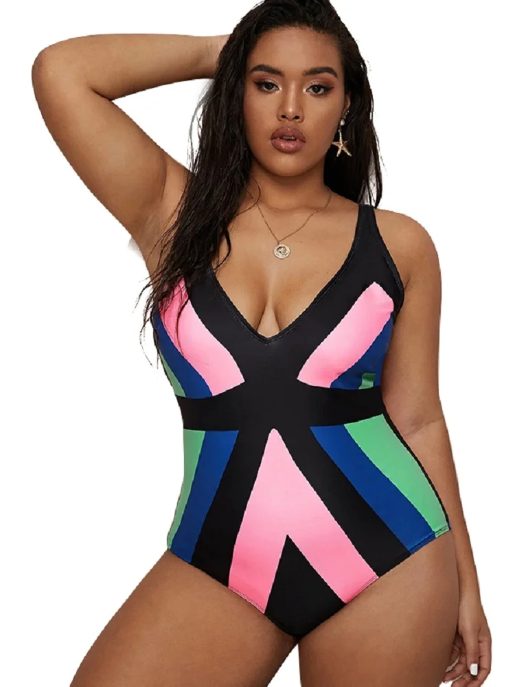 Bañador de talla grande para mujer, traje de baño de una pieza, ropa de playa de bloque de Color, traje de baño con cuello en V para mujer 4XL 2023